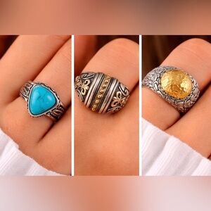 VINTAGE SS Turquoise Triangular, Two Tone Dome and Hammered Gold Dome Rings Sz 6